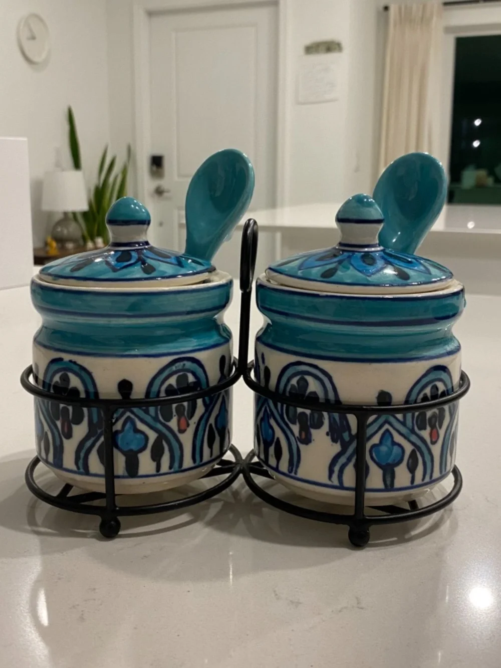 Hand-Painted Blue Ceramic Sugar & Spice Jars with Spoons - Set of 2